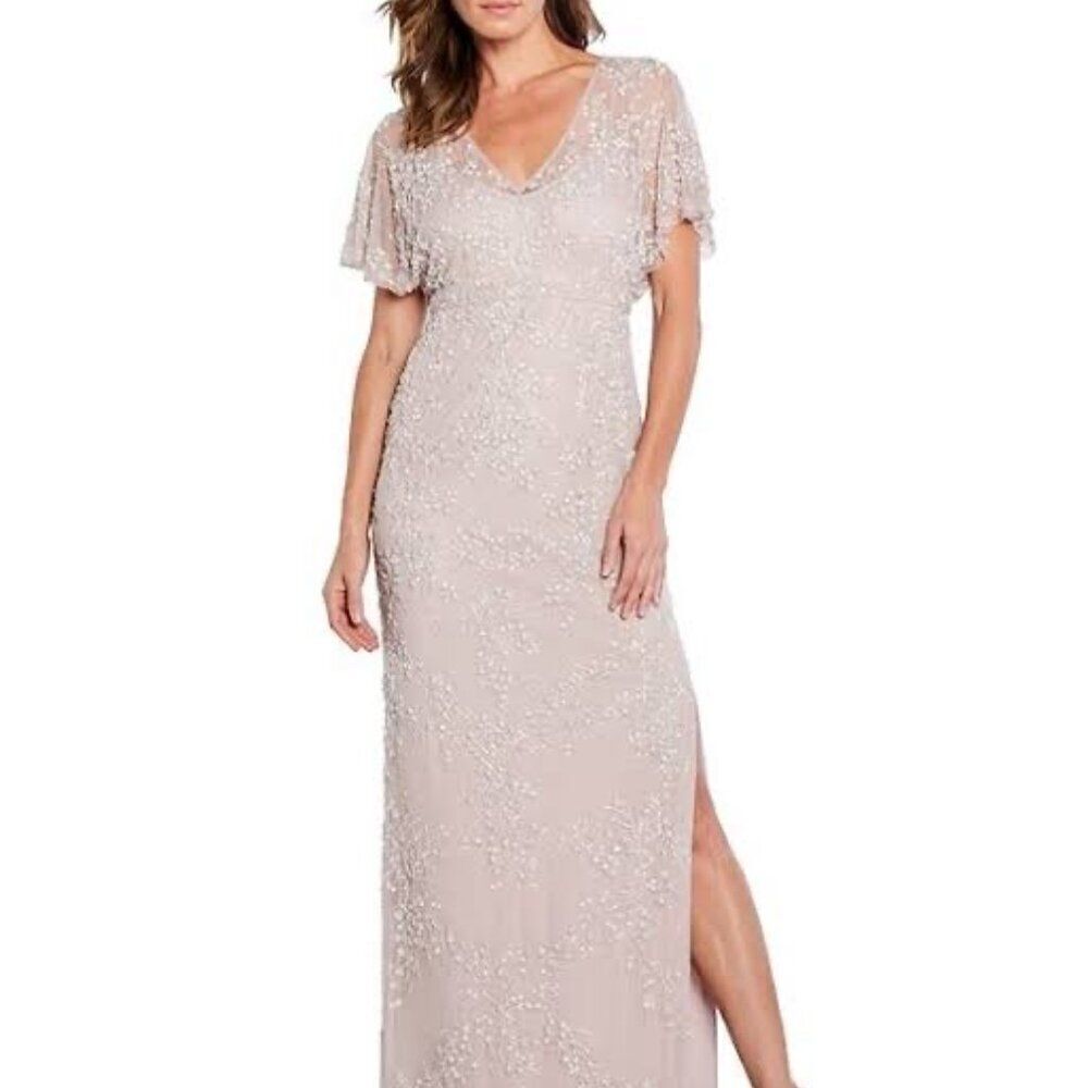 Aidan Mattox V-Neck Thigh High Side Slit Blouson Beaded Sheath Dress Size 10 NWT - Picture 5 of 15